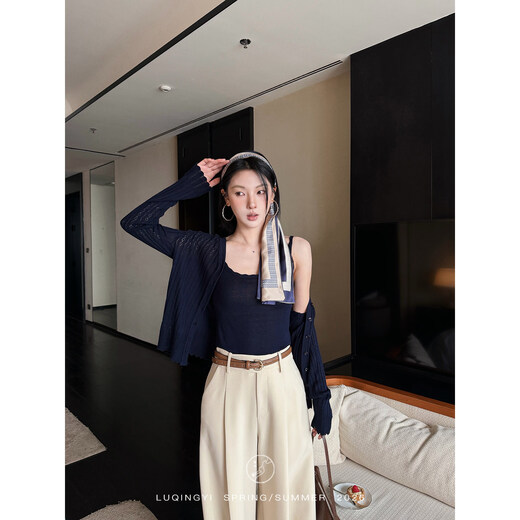 Lu Qingyi original and shy skin-friendly Lyocell knitted cardigan women's spring retro cable hollow camisole navy cardigan S suspender to wear for photos