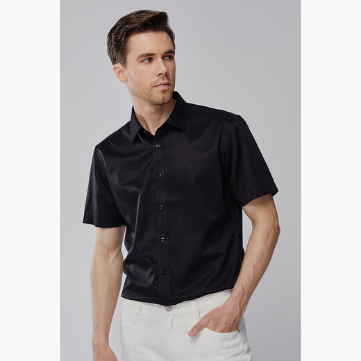 HECHTER 100 count mulberry silk non-ironing Hechter short-sleeved shirt men's summer business formal silk solid color top black hot selling color 40