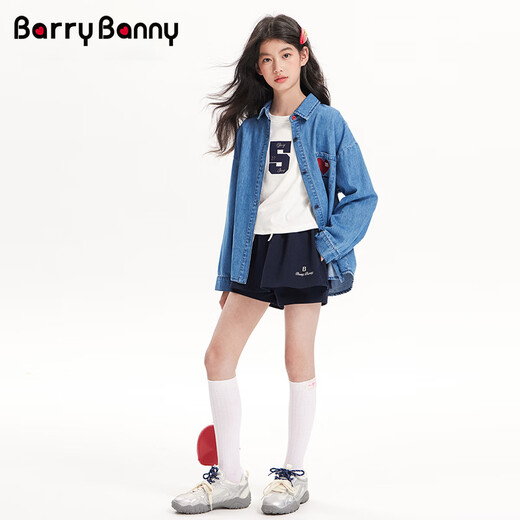 BARRY BANNY Girls' Denim Shirt 2026 Spring and Autumn New Embroidered Children's Versatile Long-Sleeved Jacket CX602 Denim Blue 120