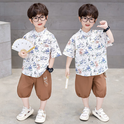 Ultraman boys summer Korean style graffiti shirt set 2025 new children's short-sleeved baby denim shorts two-piece set trendy white 90 cm