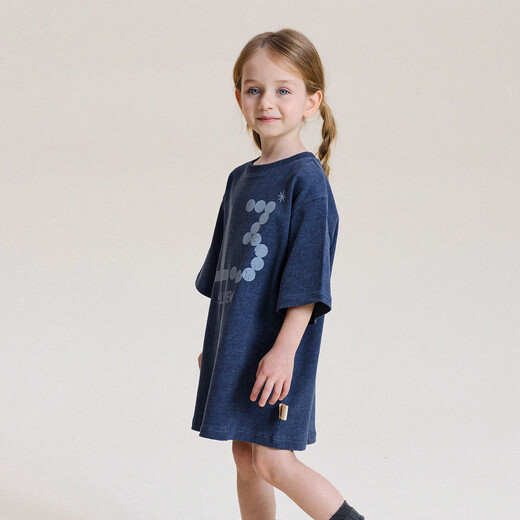 Yoona's mom girls 2026 spring and summer new distressed printed T-shirt dress children's retro dress baby princess dress navy blue ready stock 90