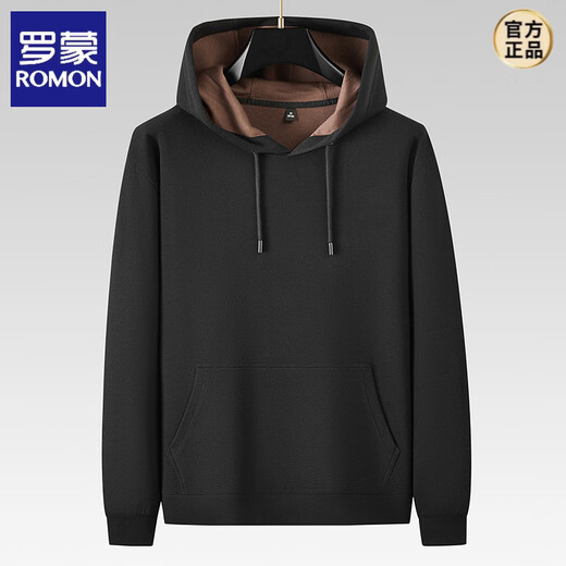 ROMON high-end modal cotton hooded pullover long-sleeved sweatshirt for men in spring and autumn, simple, casual, fashionable, handsome, plus size, black (black lining) 7XL suitable for 280-300Jin Jin equals 0.5 kg