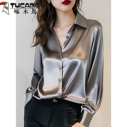 Woodpecker 2026 Spring and Autumn New High-end Gray Acetate Satin Shirt Women's Long-Sleeved Chic French Professional Shirt Gray XL