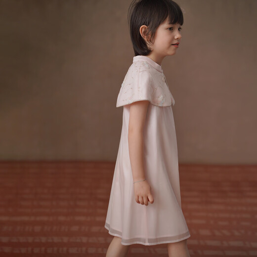 Haqi children's clothing sweet pink girls dress Qianjin style shawl mid-length skirt children's new Chinese dress skirt 2026 summer pink 110