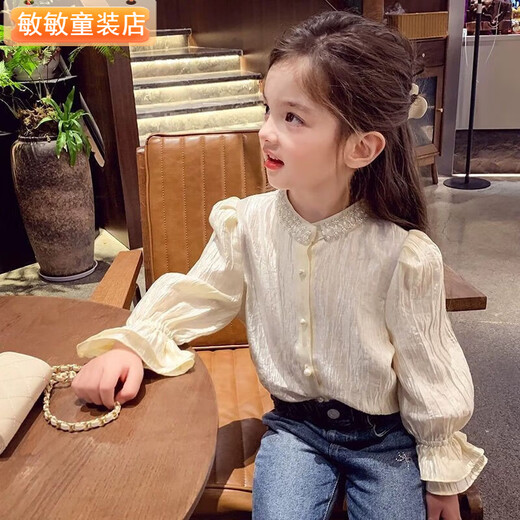 Girls' Western Sweet Little Fragrance Style Shirt 2025 Spring and Autumn Clothes Baby Girl Korean Princess Style Fashionable Bottoming Shirt Autumn Champagne Color 100