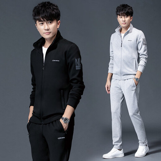 K-Boxing men's new sports suit men's spring and autumn casual sweatshirt running sportswear autumn and winter velvet thickened men's three-piece set N0689 Spring and Autumn black + long-sleeved T-shirt three-piece set M XL (175C)