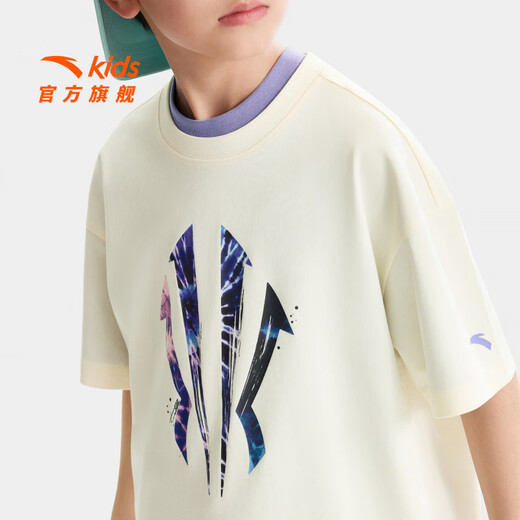 ANTA children's T-shirt for boys and girls 2026 summer new product skin-friendly cotton feel breathable Owen basketball short T352621177 duck down white-1 130