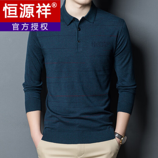 Hengyuanxiang men's spring and autumn lapel T-shirt thin long-sleeved middle-aged striped loose knitted bottoming sweater Mo Lan M