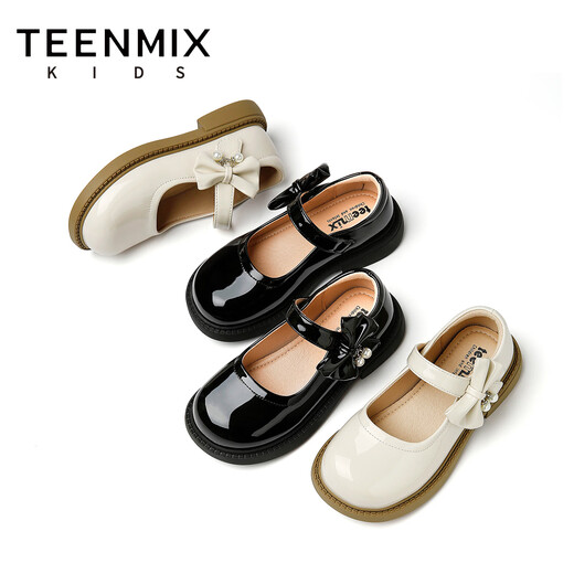 Tianmeiyi Children's Shoes Children's 2026 Spring and Autumn New Style Girls' Medium and Large Children's Soft Sole Girls' Fashionable and Versatile Bow Small Leather Shoes Black 34