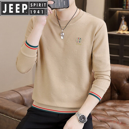 JEEP SPIRIT men's long-sleeved thick cotton T autumn thin bottoming shirt jacquard T-shirt trendy casual personality autumn clothes small shirt T-shirt spring and autumn T2355 khaki M 90-110Jin Jin equals 0.5 kg