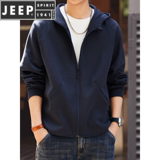 JEEP SPIRIT American heavyweight hooded sports cardigan sweatshirt for men 2026 spring and autumn new loose solid color casual jacket for men royal blue 4XL suitable for 200-220Jin Jin equals 0.5 kg