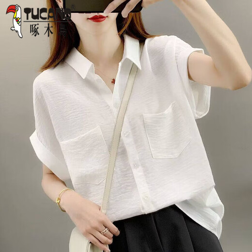 Woodpecker 2026 New Trendy Loose High-end Chiffon Shirt Tops Women Summer Thin Shirt Short Sleeve Fashion Large Size Graphic Khaki XL 100-120Jin Jin is equal to 0.5 kg