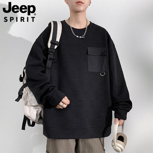 JEEP SPIRIT long-sleeved T-shirt men's spring and autumn large size loose plus fat round neck top casual inner fat bottoming shirt sweatshirt apricot M 90-110Jin Jin equals 0.5 kg
