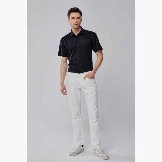 HECHTER 100 count mulberry silk non-ironing Hechter short-sleeved shirt men's summer business formal silk solid color top black hot selling color 40