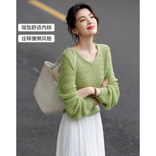 Demana Contains sheep wool, spring gentle style V-neck hollow sweater, girly short knitted sweater with hidden flesh, women's top