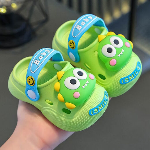 Yunyouli Children's Croc Shoes Summer Girls' Indoor Anti-Slip Cartoon Boys Middle and Large Children Baby Sandals Outerwear Beach Sandals Q1 Dinosaur-Green Size 18-19 Inner Length 12CM Approximately 0-1 Years Old