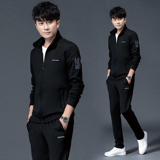 K-Boxing men's new sports suit men's spring and autumn casual sweatshirt running sportswear autumn and winter velvet thickened men's three-piece set N0689 Spring and Autumn black + long-sleeved T-shirt three-piece set M XL (175C)