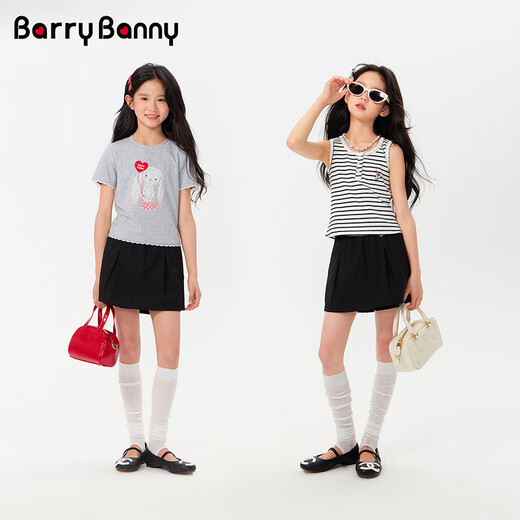 BARRY BANNY Girls' A-Line Pants Skirt 2026 Spring and Summer New Children's Casual Pleated High Waist Skirt 8025 Classic Black 150