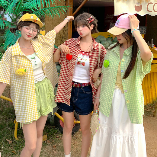 Mori Girl Tribe Summer Sweet Girl Plaid Shirt Women's Summer Doll Decoration Colorful Buttons Versatile Loose Top New Style Green Apple Style S Model Code