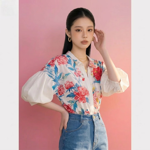 Lao Tangsen Jingdong Direct Purchase French Puff Sleeve Floral Short Sleeve Shirt Women's 26 New Shirt Women's L