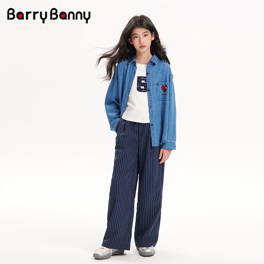 BARRY BANNY Girls' Denim Shirt 2026 Spring and Autumn New Embroidered Children's Versatile Long-Sleeved Jacket CX602 Denim Blue 120