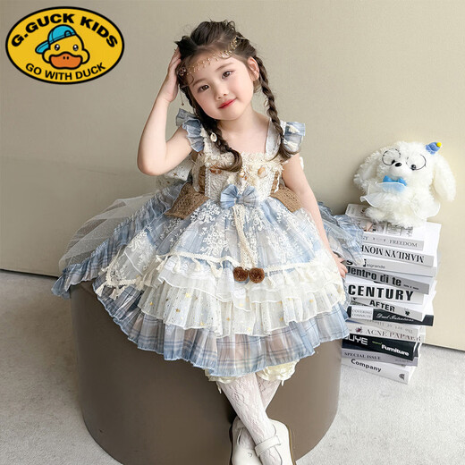 G.duck little yellow duck girls summer dress children's Lolita princess dress small and medium-sized children's girls summer tulle skirt with tail + MDDUO2529 pastoral style shell Lolita suspender plaid 110 cm