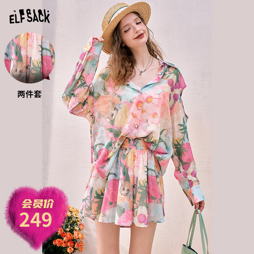 Fairy's Pocket Summer Trendy Floral Loose Slim High-Quality Two-piece Suit Cat Pink M