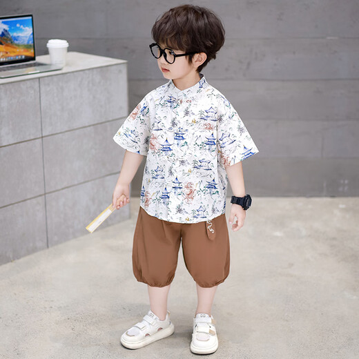 Ultraman boys summer Korean style graffiti shirt set 2025 new children's short-sleeved baby denim shorts two-piece set trendy white 90 cm
