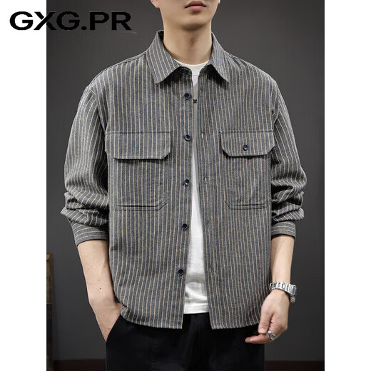GXG.PR American retro linen breathable striped long-sleeved men's shirt autumn loose work shirt lapel jacket black M suitable weight 100-130Jin Jin equals 0.5 kg