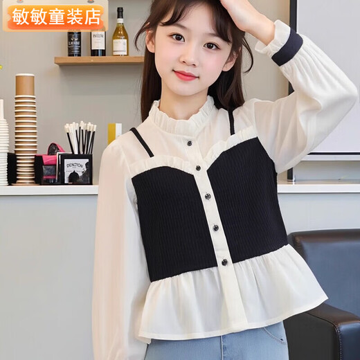 Girls' shirts, fashionable fake two-piece long-sleeved tops, spring and autumn children's baby doll shirts, new French style shirts, girls' patchwork shirts, size 120, recommended height 110cm