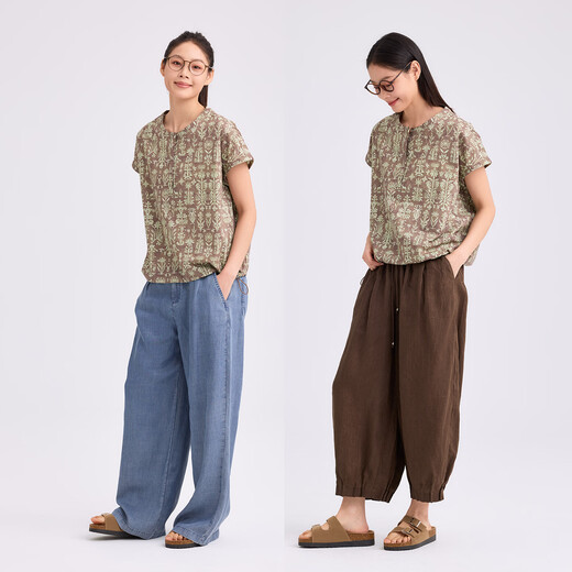 Colorless and odorless pottery shadow cocoon 26th summer new product pure cotton retro print short-sleeved shirt women's top antique brown M (36)