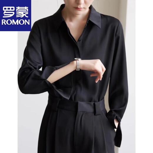 ROMON temperament black chiffon shirt early autumn French commuter long-sleeved shirt women's professional quality shoulder shirt top V-neck exposed button white long sleeve 7XL recommended 170-190Jin Jin equals 0.5 kg