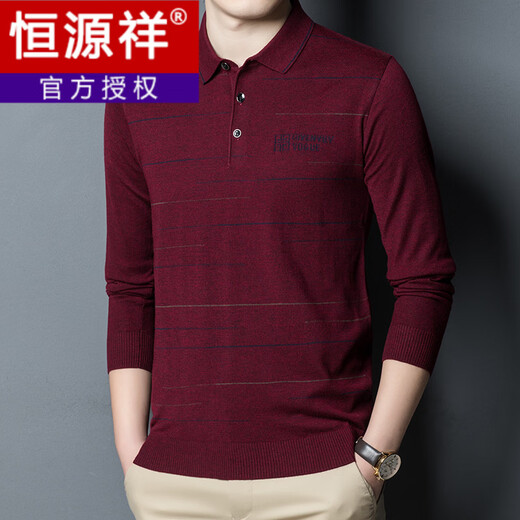 Hengyuanxiang men's spring and autumn lapel T-shirt thin long-sleeved middle-aged striped loose knitted bottoming sweater Mo Lan M