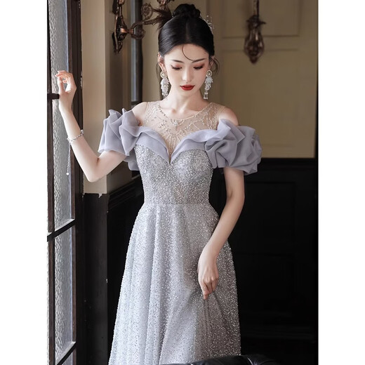 Mofu one-shoulder evening dress female fashionable fairy banquet host long dress slim adult dress 2026 spray gold dress XS