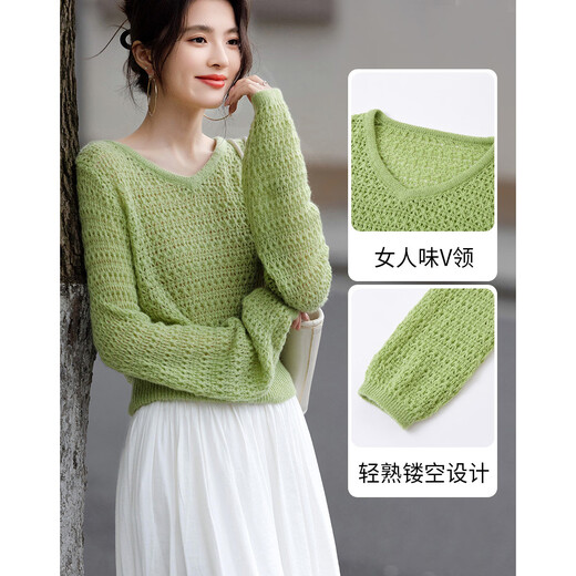 Demana Contains sheep wool, spring gentle style V-neck hollow sweater, girly short knitted sweater with hidden flesh, women's top