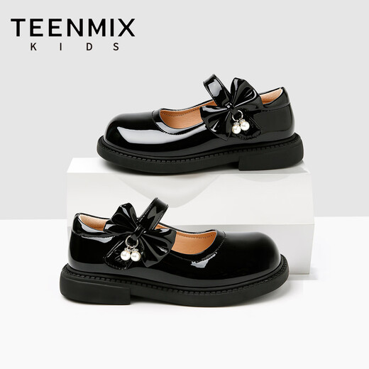 Tianmeiyi Children's Shoes Children's 2026 Spring and Autumn New Style Girls' Medium and Large Children's Soft Sole Girls' Fashionable and Versatile Bow Small Leather Shoes Black 34