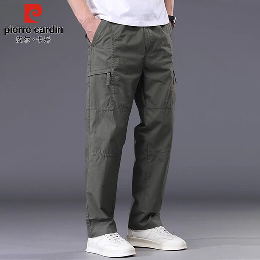 Pierre Cardin casual pants men's spring and summer pure cotton workwear straight pants men's loose wide-leg long pants men's military green XL