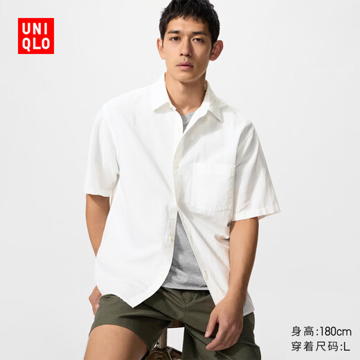 Uniqlo men's and women's cotton and linen shirts/short-sleeved shirts 26 spring and summer new style 482502 00 white S