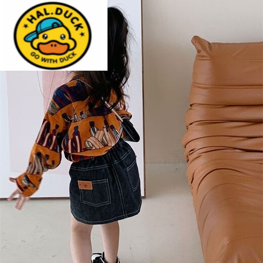 HAL.DUCK Girls' Shirts Spring and Autumn New Children's Style Retro Printed Korean-style Shirts for Children Corduroy Tops Coral Shirts 130 cm (130cm)