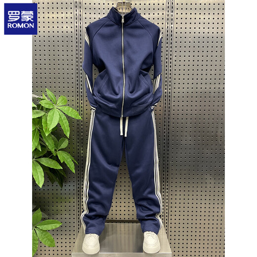 ROMON spring new casual suit men's straight floor-length mopping pants running sports two-piece loose sweatshirt and sweatpants complete set blue top single piece 4XL 170-185Jin Jin equals 0.5 kg