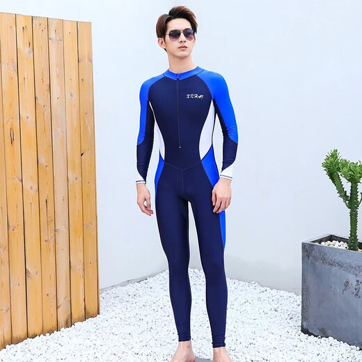 Dianruo one-piece swimsuit men's long-sleeved trousers suit sun protection quick-drying swimming training slimming surf suit summer full body soak one-piece navy blue and white L