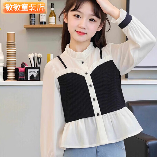 Girls' shirts, fashionable fake two-piece long-sleeved tops, spring and autumn children's baby doll shirts, new French style shirts, girls' patchwork shirts, size 120, recommended height 110cm