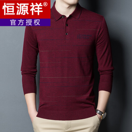 Hengyuanxiang men's spring and autumn lapel T-shirt thin long-sleeved middle-aged striped loose knitted bottoming sweater Mo Lan M