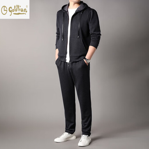 Goldlion 2026 Spring Men's Sweater Suit New Cashmere Sports Pants Hooded Cardigan Casual BB-83121 Navy Blue M 170