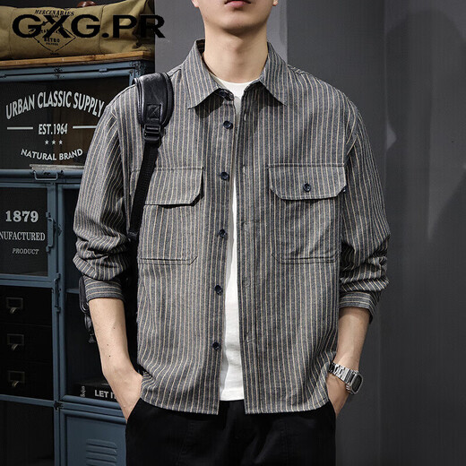 GXG.PR American retro linen breathable striped long-sleeved men's shirt autumn loose work shirt lapel jacket black M suitable weight 100-130Jin Jin equals 0.5 kg