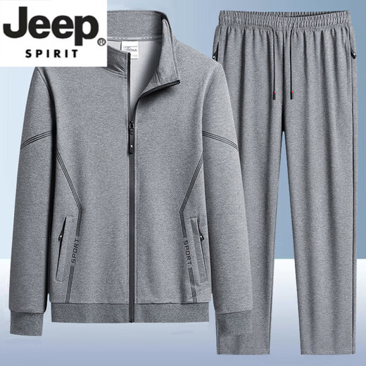 JEEP SPIRIT cotton casual sports suit men's business large size spring and autumn new stand-up collar cardigan jacket men's two-piece set B325-W3219 black leg bound spring and autumn style LM M 85-100Jin Jin equals 0.5 kg