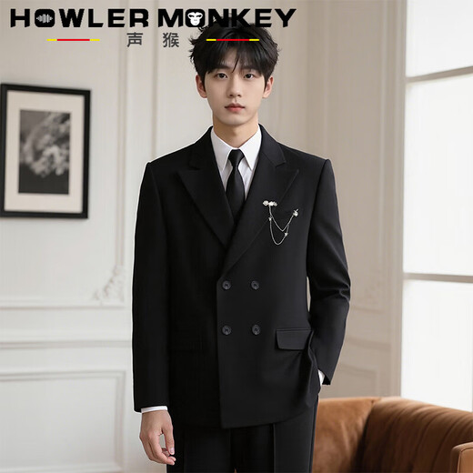 Sound Monkey Suit Jacket Men's Wedding Engagement Dress Gentleman's Fashion Business Double-Breasted Suit Set Men's Casual Suit Black Suit + White Shirt + Black Trousers Free Tie XL