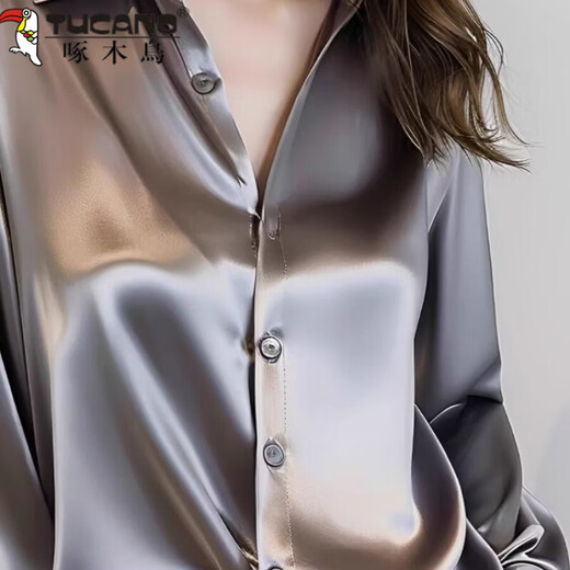Woodpecker 2026 Spring and Autumn New High-end Gray Acetate Satin Shirt Women's Long-Sleeved Chic French Professional Shirt Gray XL