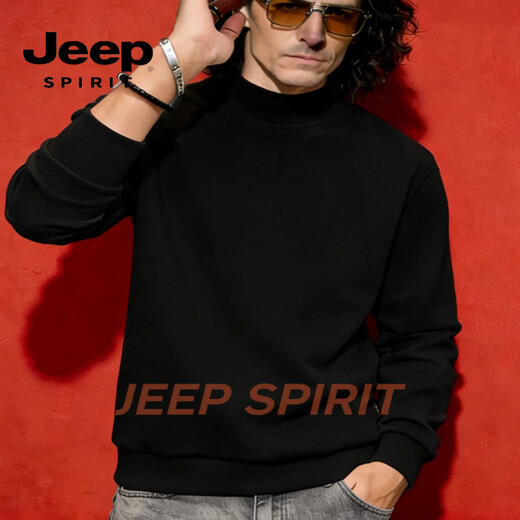 JEEP SPIRIT sweatshirt men's spring and autumn trendy brand warm German velvet sweatshirt men's fashion casual loose versatile turtleneck bottoming shirt black M weight 100-130Jin Jin is equal to 0.5 kg