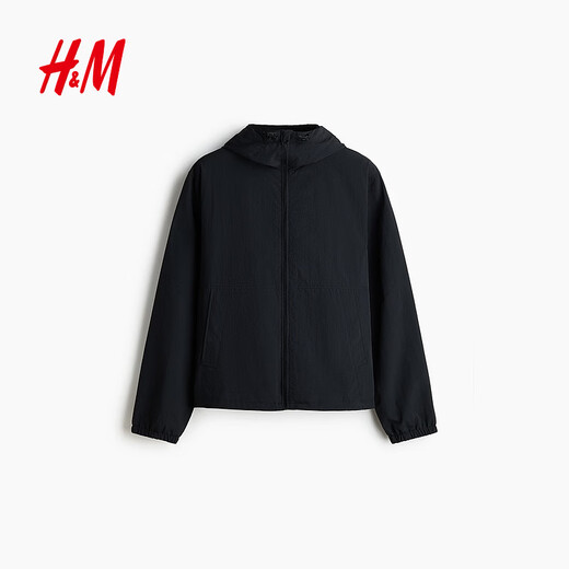 H&M Men's Jacket Summer New Lightweight Windproof Hooded Hydrophobic Nylon Windproof Hooded Jacket 1318393 Black M 175/100
